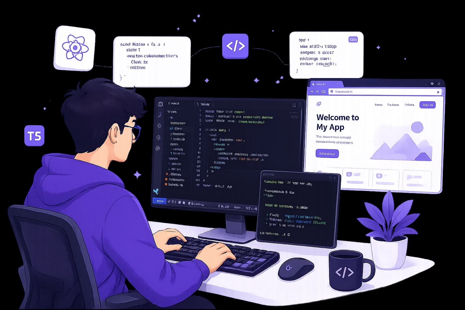 Illustration of a web developer working with code