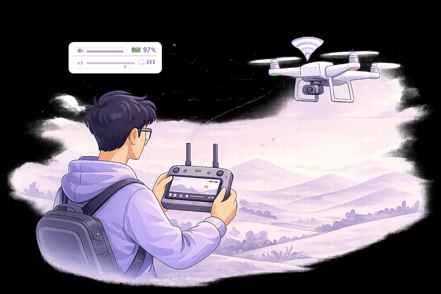 Illustration of a drone operator capturing aerial footage