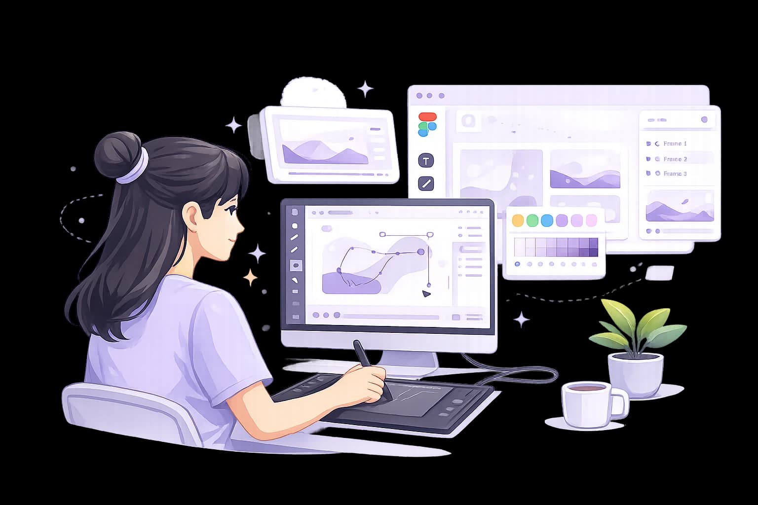 Illustration of a graphic designer creating brand artwork