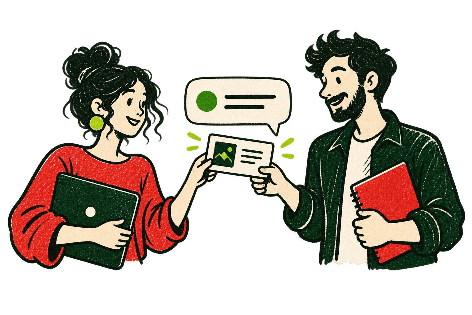 Hand-drawn people exchanging a project brief