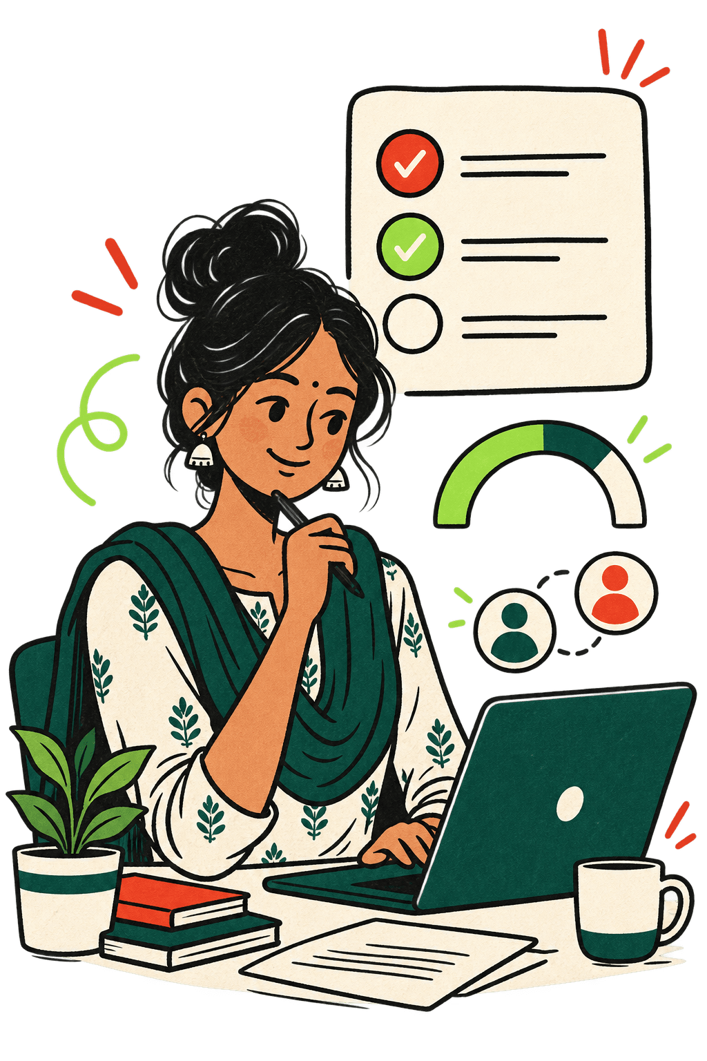 Hand-drawn professional managing a project checklist on a laptop