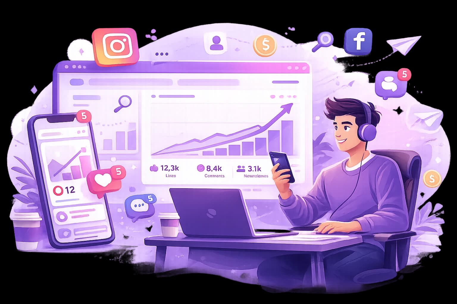 Illustration of a social media marketer reviewing a campaign