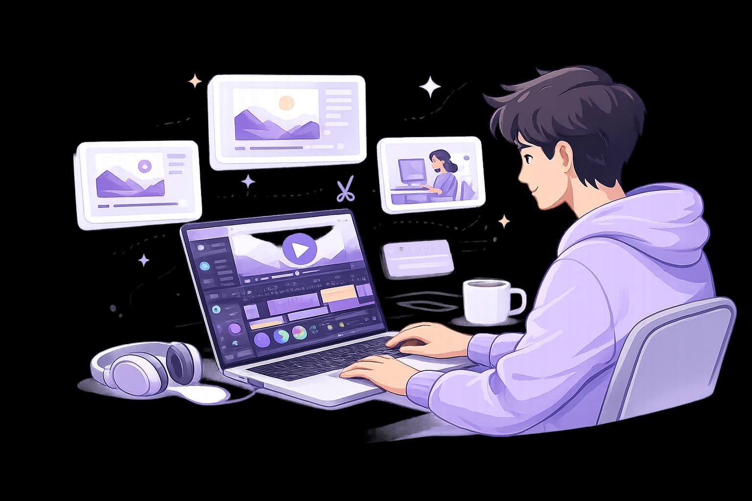 Illustration of a video editor working with a video timeline