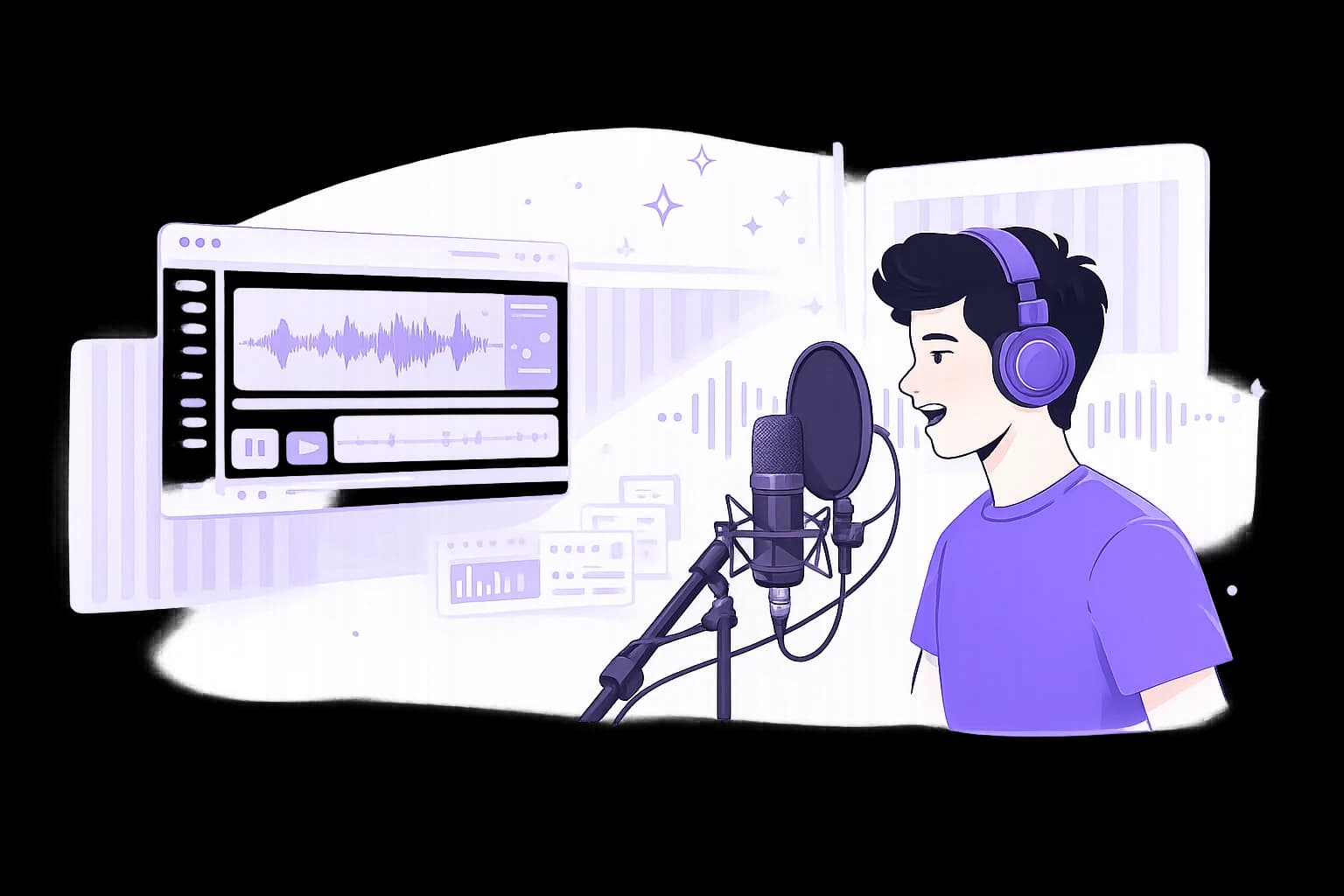 Illustration of a voiceover artist recording at a microphone